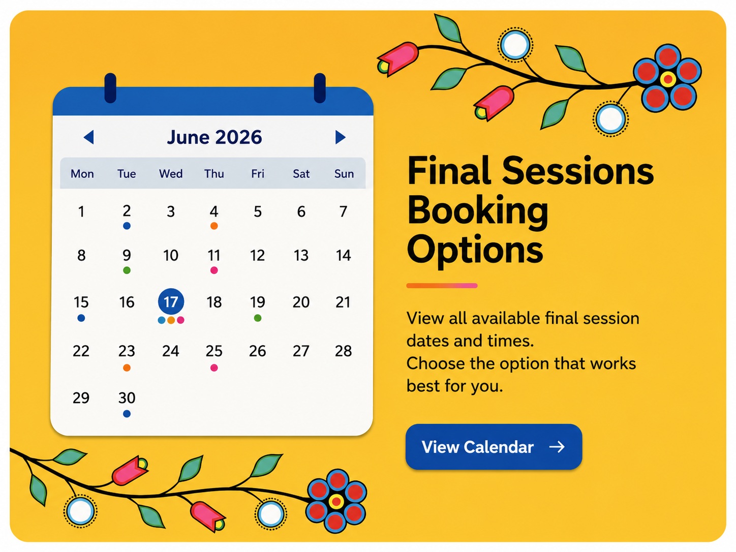 Graphic displaying Final Sessions Booking Overview and calendar